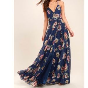 Navy blue floral wrap maxi dress